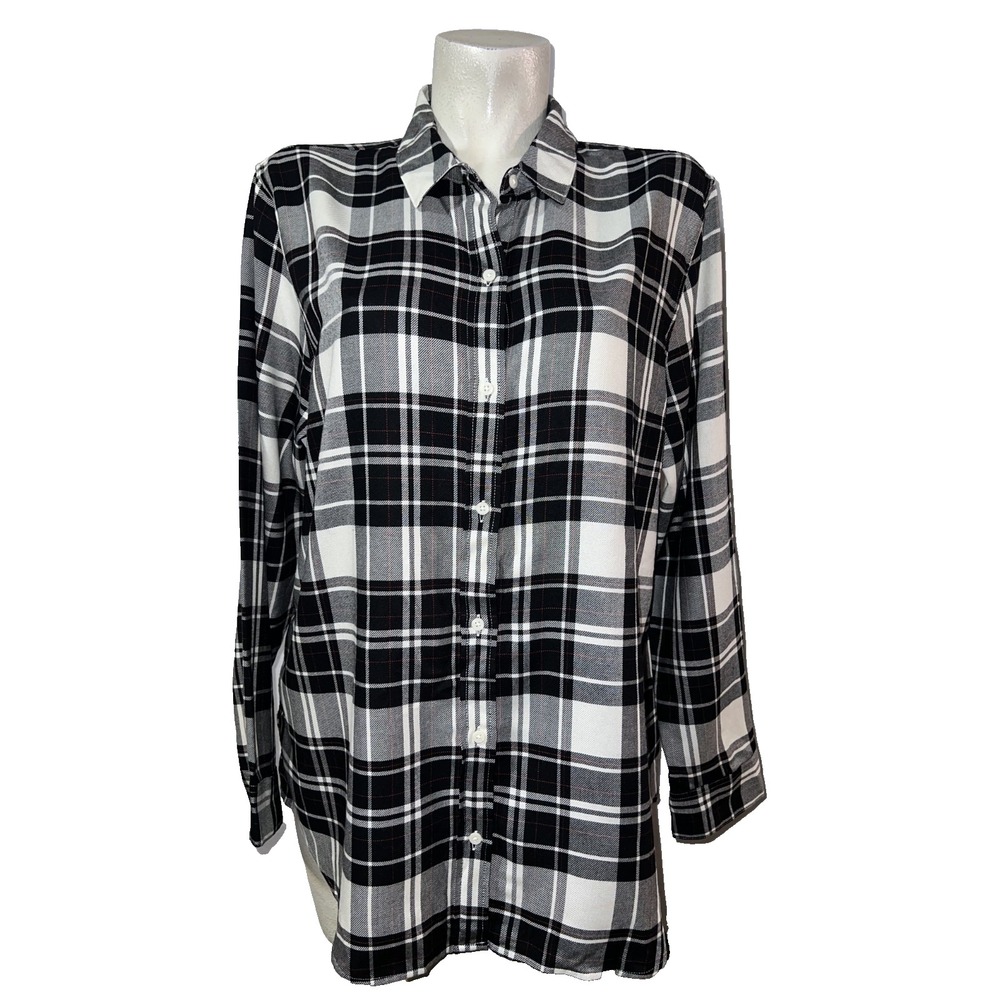 Banana Republic Boyfriend Fit Plaid Button Down Shirt Black White XL Long Sleeve
